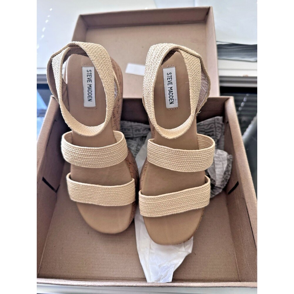 Steve Madden Women's Sashes Raffia Strappy Platform Sandals Wedges Shoes Beige 8 - Picture 3 of 7